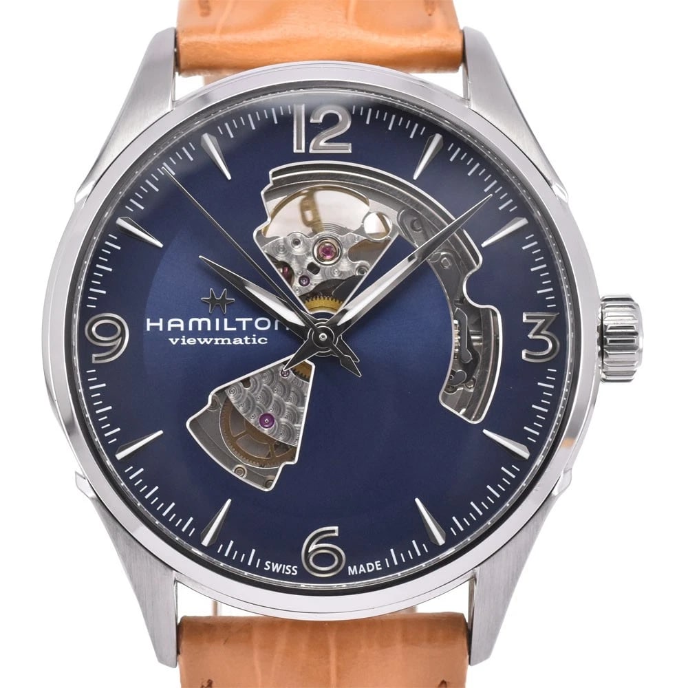 HAMILTON JAZZMASTER OPEN HEART WATCH: Hamilton Jazzmaster Open Heart Watch Brand: HAMILTON Type/Style: Wristwatch Material: Band Material leather, Case Material Stainless Steel Color: Case Color Silver, Band Color Brown, Dial Color Navy S