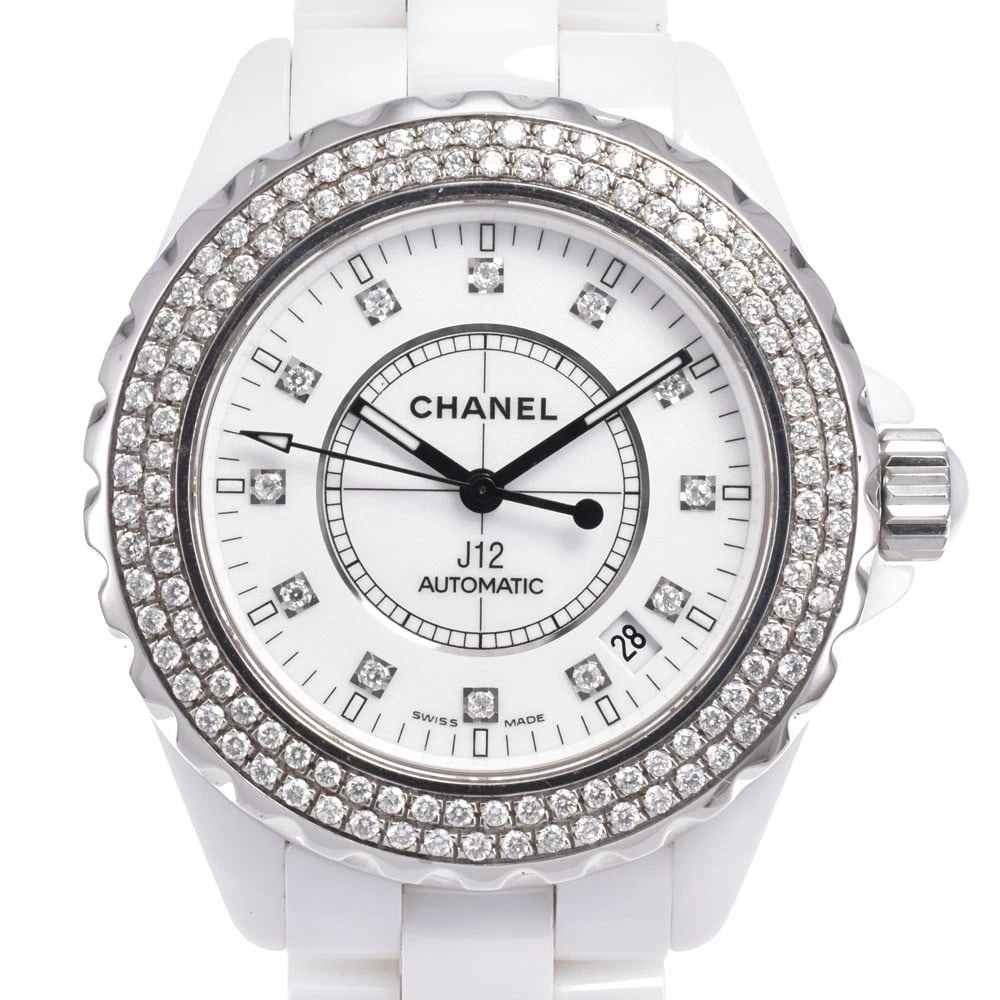 CHANEL J12 WHITE CERAMIC DIAMOND DATE AUTOMATIC WATCH: Chanel J12 White Ceramic Diamond Date Automatic Watch Brand: CHANEL Type/Style: Wristwatch Material: Band Material ceramic, Case Material ceramic Color: Case Color white, Band Color white, Dial Color 