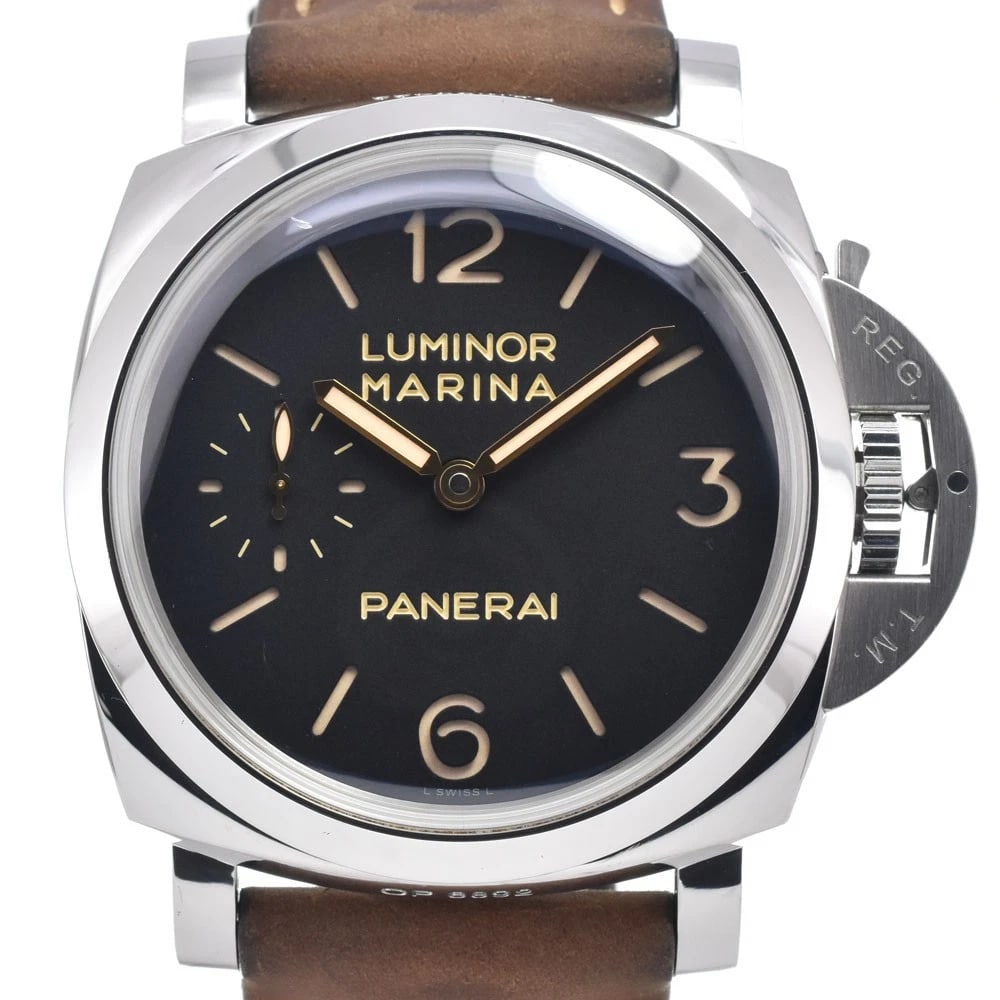 PANERAI LUMINOR MARINA 3 DAYS HAND WINDING WATCH: Panerai Luminor Marina 3 Days Hand Winding Watch Brand: PANERAI Type/Style: Wristwatch Material: Band Material leather, Case Material Stainless Steel Color: Case Color Silver, Band Color Brown, Dial C