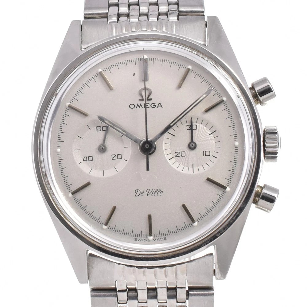 OMEGA DE VILLE CHRONOGRAPH HAND WINDING WATCH: Omega De Ville Chronograph Hand Winding Watch Brand: OMEGA Type/Style: Wristwatch Material: Band Material Stainless Steel, Case Material Stainless Steel Color: Case Color Silver, Band Color Silver, Di