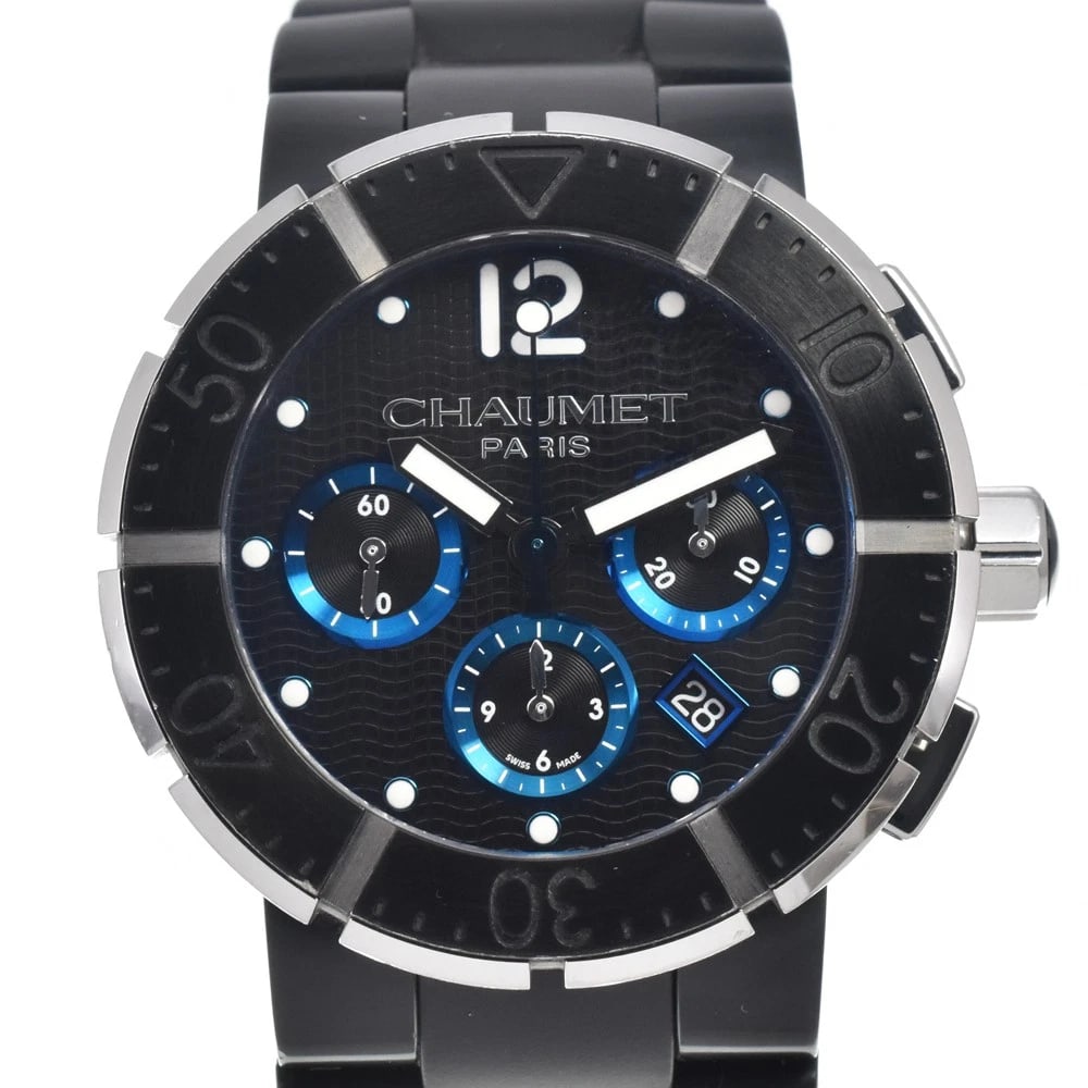 CHAUMET CLASS ONE CHRONOGRAPH DATE AUTOMATIC WATCH: Chaumet Class One Chronograph Date Automatic Watch Brand: Chaumet Type/Style: Wristwatch Material: Band Material rubber, Case Material Titanium / Stainless Steel Color: Case Color Black / Silver,