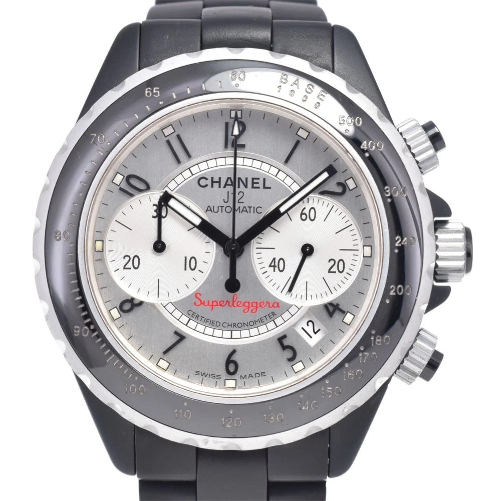 CHANEL J12 SUPER REGGERA CHRONOGRAPH DATE AUTOMATIC WATCH: Chanel J12 Super Reggera Chronograph Date Automatic Watch Brand: CHANEL Type/Style: Wristwatch Material: Band Material rubber, Case Material Aluminum/Ceramic/Titanium Color: Case Color Black / Silver,