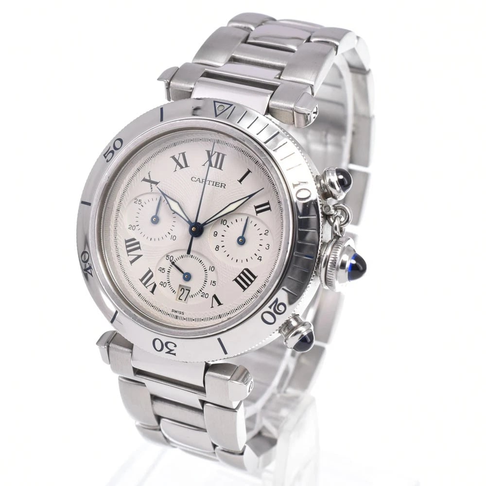 CARTIER PASHA CHRONOGRAPH DATE QUARTZ WATCH: Cartier Pasha Chronograph Date Quartz Watch Brand: CARTIER Type/Style: Wristwatch Material: Band Material Stainless Steel, Case Material Stainless Steel Color: Case Color Silver, Band Color Silver,