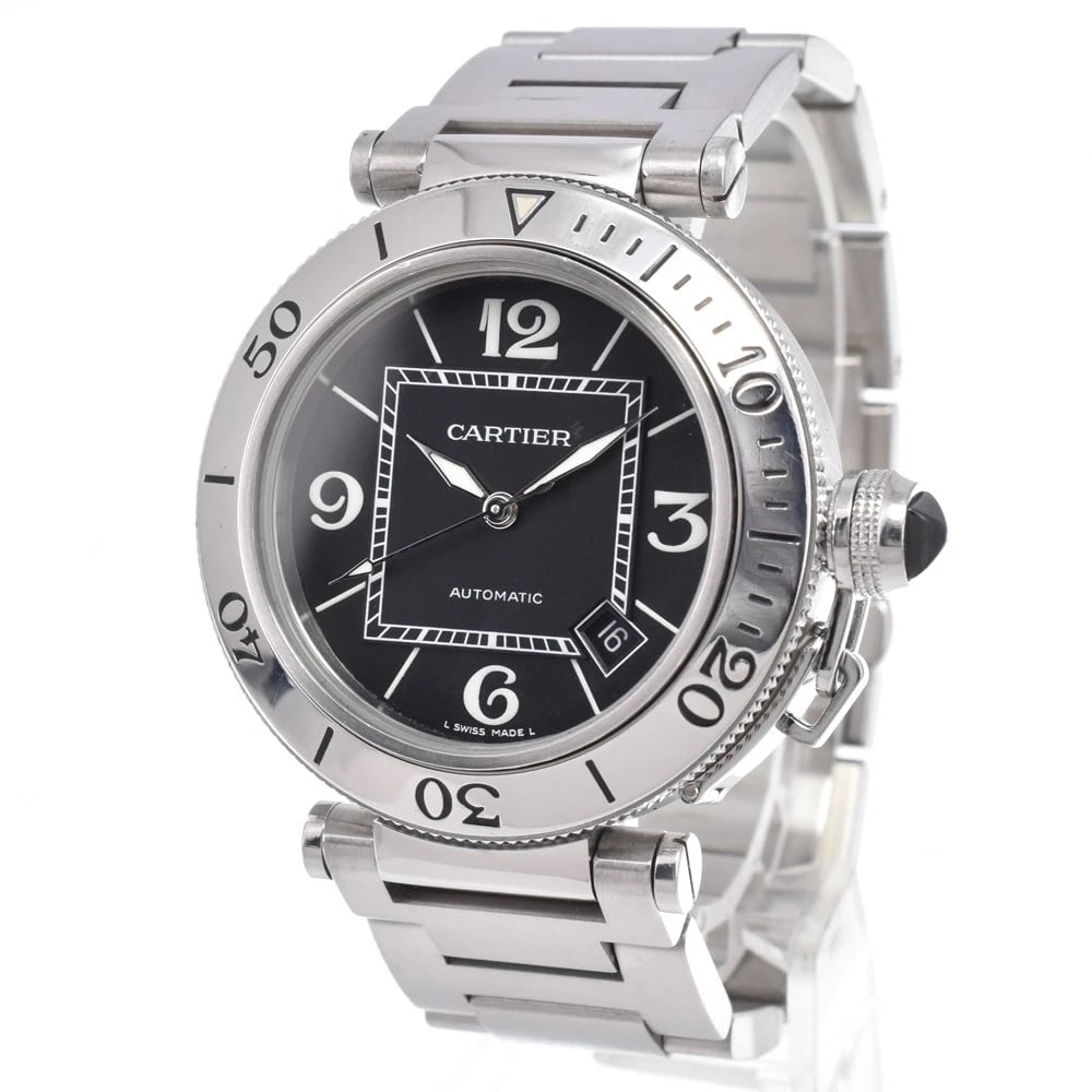 CARTIER PACHA SEA TIMER DATE BLACK DIAL AUTOMATIC WATCH: Cartier Pacha Sea Timer Date Black Dial Automatic Watch Brand: CARTIER Type/Style: Wristwatch Material: Band Material Stainless Steel, Case Material Stainless Steel Color: Case Color Silver, Band