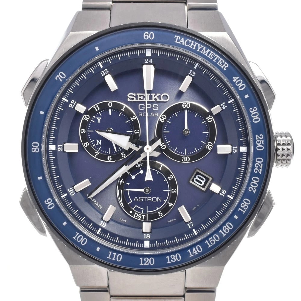 SEIKO ASTRON SOLAR WATCH: Seiko Astron Solar Watch Brand: SEIKO Type/Style: Wristwatch Material: Band Material titanium, Case Material Titanium / ceramic Color: Case Color Silver, Band Color Silver, Dial Color blue Size: Case
