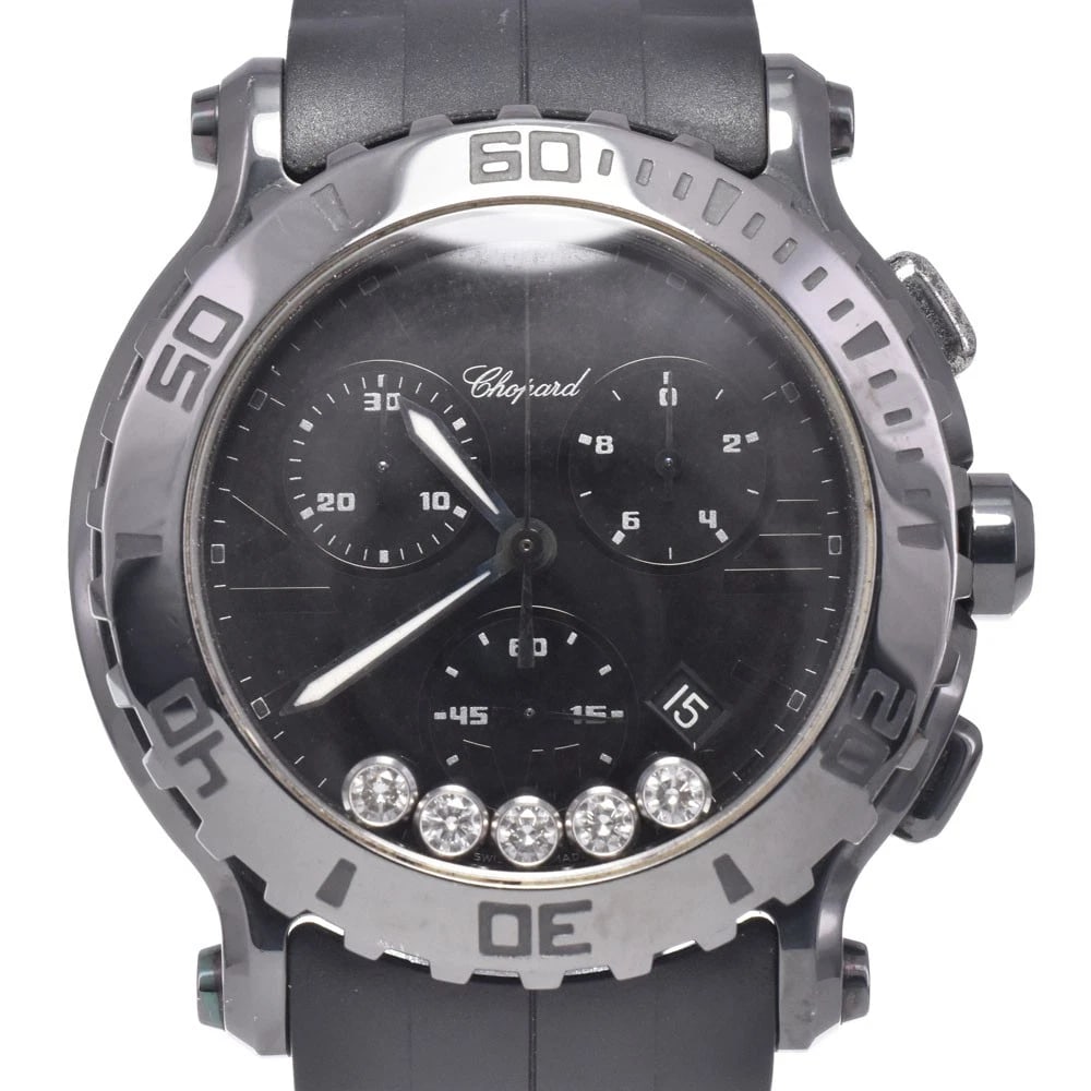 CHOPARD HAPPY SPORTS CHRONO DIAMOND QUARTZ WATCH: Chopard Happy Sports Chrono Diamond Quartz Watch Brand: Chopard Type/Style: Wristwatch Material: Band Material rubber, Case Material Stainless Steel Color: Case Color black, Band Color black, Dial