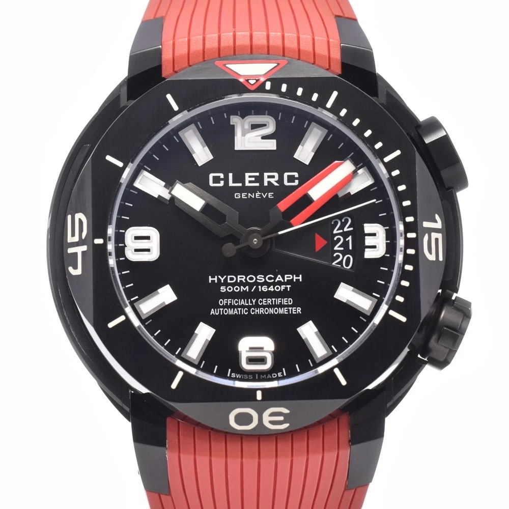 CLERC HYDROSCUFF DIVER'S WATCH BLACK DIAL AUTOMATIC WATCH: Clerc Hydroscuff Diver'S Watch Black Dial Automatic Watch Brand: CLERC Type/Style: Wristwatch Material: Band Material rubber, Case Material Stainless Steel Color: Case Color black, Band Color Red, Dia