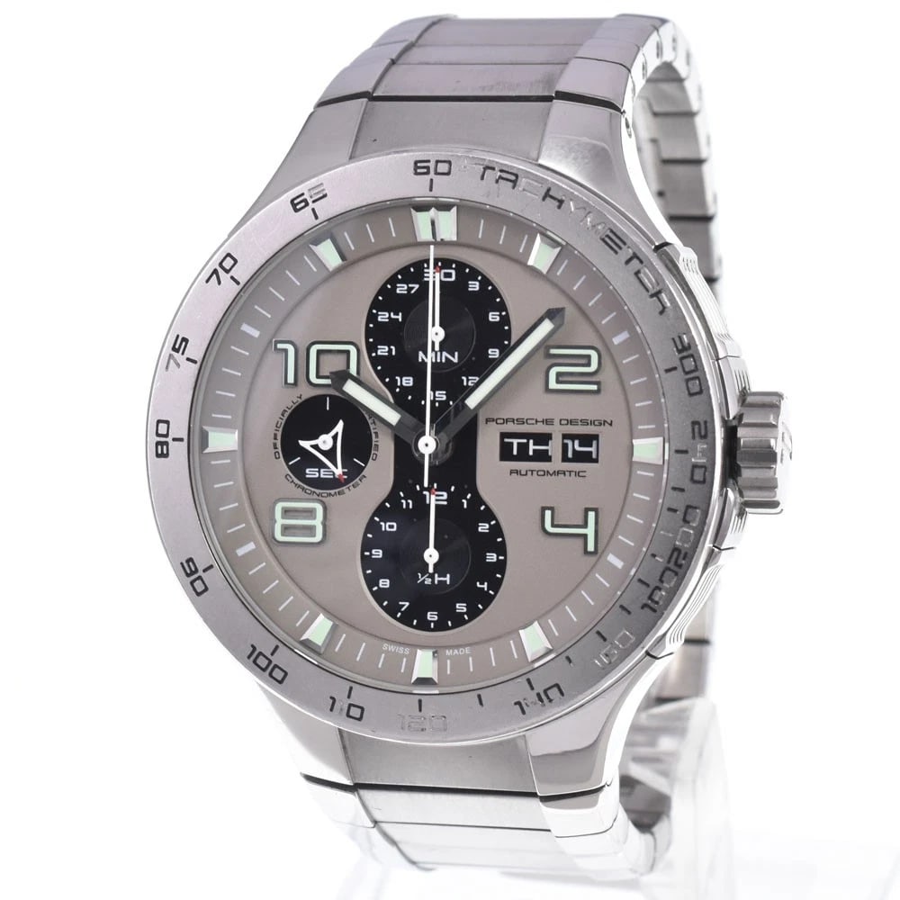 PORSCHE DESIGN FLAT CHRONOGRAPH AUTOMATIC WATCH: Porsche Design Flat Chronograph Automatic Watch Brand: Porsche Design Type/Style: Wristwatch Material: Band Material Stainless Steel, Case Material Stainless Steel Color: Case Color Silver, Band