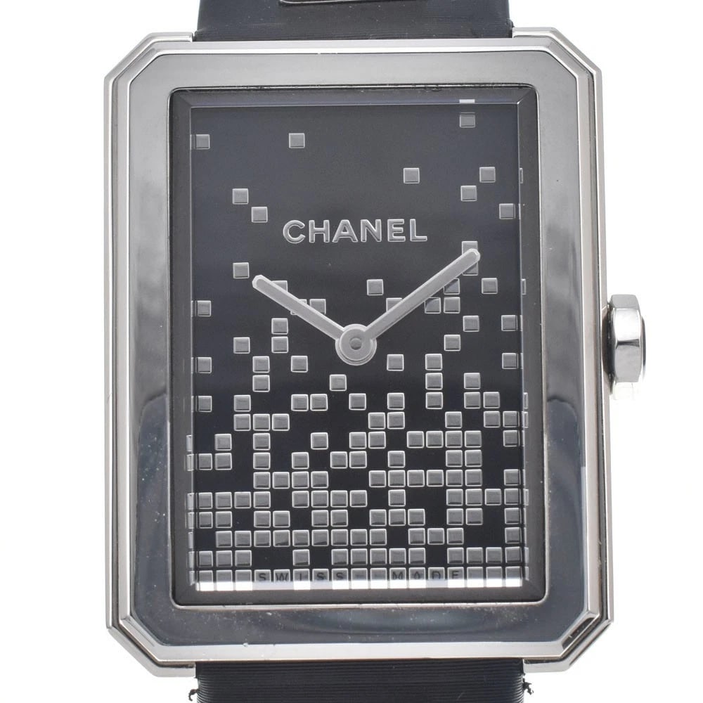 CHANEL BOYFRIEND WANTED BLACK DIAL QUARTZ WATCH: Chanel Boyfriend Wanted Black Dial Quartz Watch Brand: CHANEL Type/Style: Wristwatch Material: Band Material Satin, Case Material Stainless Steel Color: Case Color Silver, Band Color black, Dial