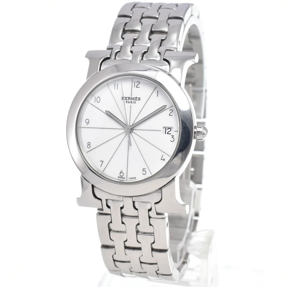 HERMES H WATCH RONDO DATE SILVER DIAL QUARTZ WATCH: Hermes H Watch Rondo Date Silver Dial Quartz Watch Brand: HERMES Type/Style: Wristwatch Material: Band Material Stainless Steel, Case Material Stainless Steel Color: Case Color Silver, Band Color