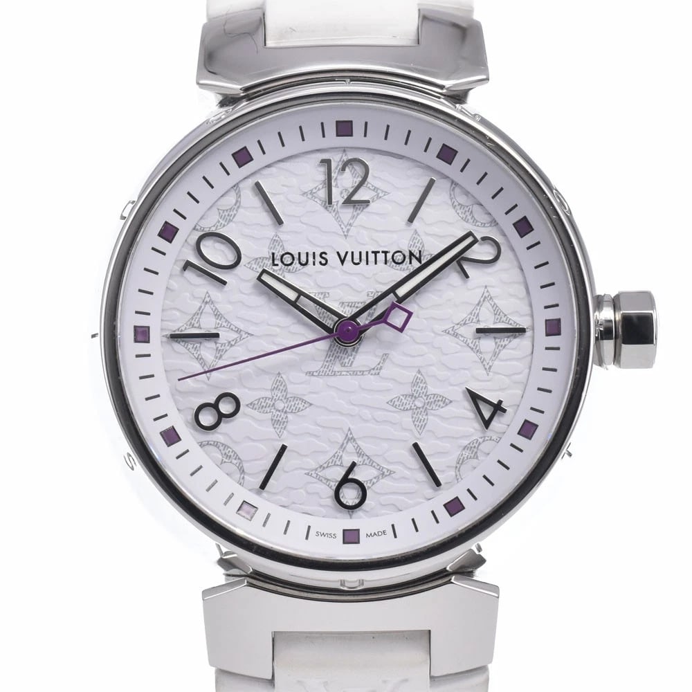 LOUIS VUITTON TAMBOUR MM MONOGRAM WHITE DIAL QUARTZ WATCH: Louis Vuitton Tambour Mm Monogram White Dial Quartz Watch Brand: LOUIS VUITTON Type/Style: Wristwatch Material: Band Material rubber, Case Material Stainless Steel Color: Case Color Silver, Band