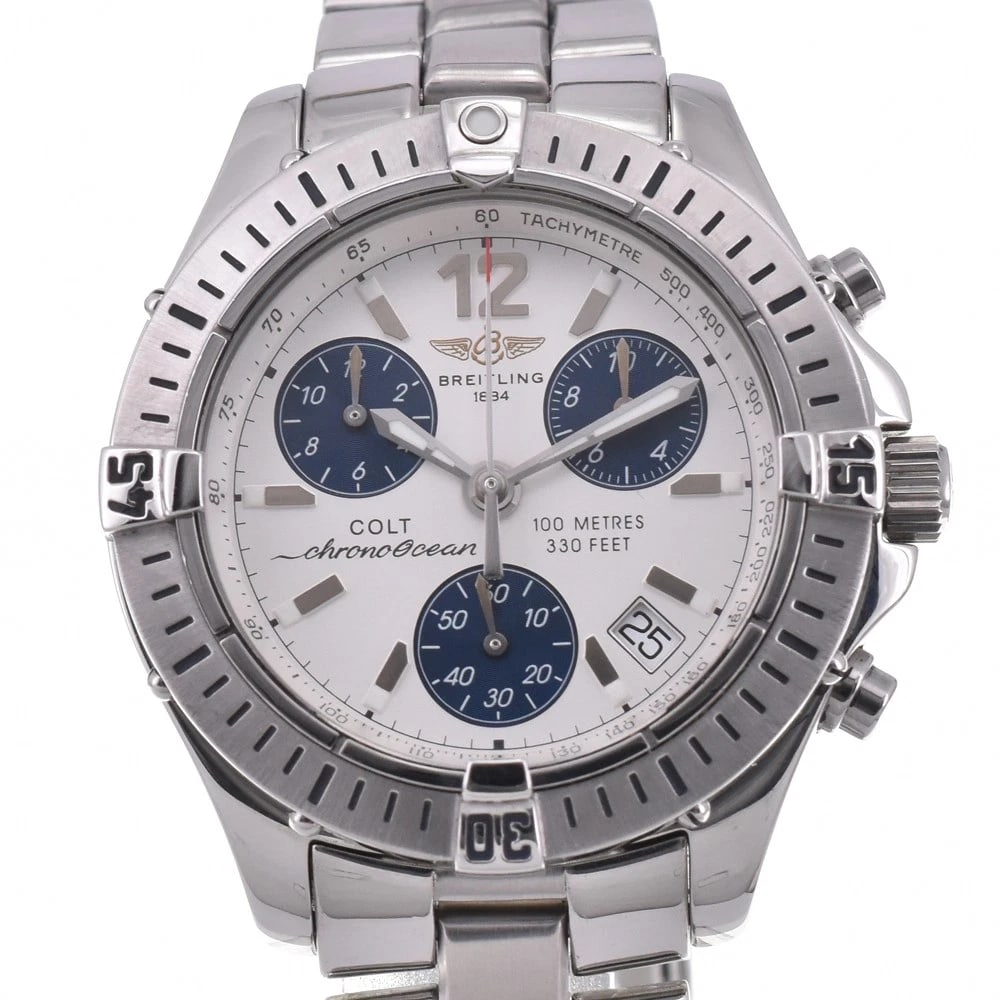 BREITLING COLT CHRONO OCEAN DATE WATCH: Breitling Colt Chrono Ocean Date Watch Brand: BREITLING Type/Style: Wristwatch Material: Band Material Stainless Steel, Case Material Stainless Steel Color: Case Color Silver, Band Color Silver, Dial