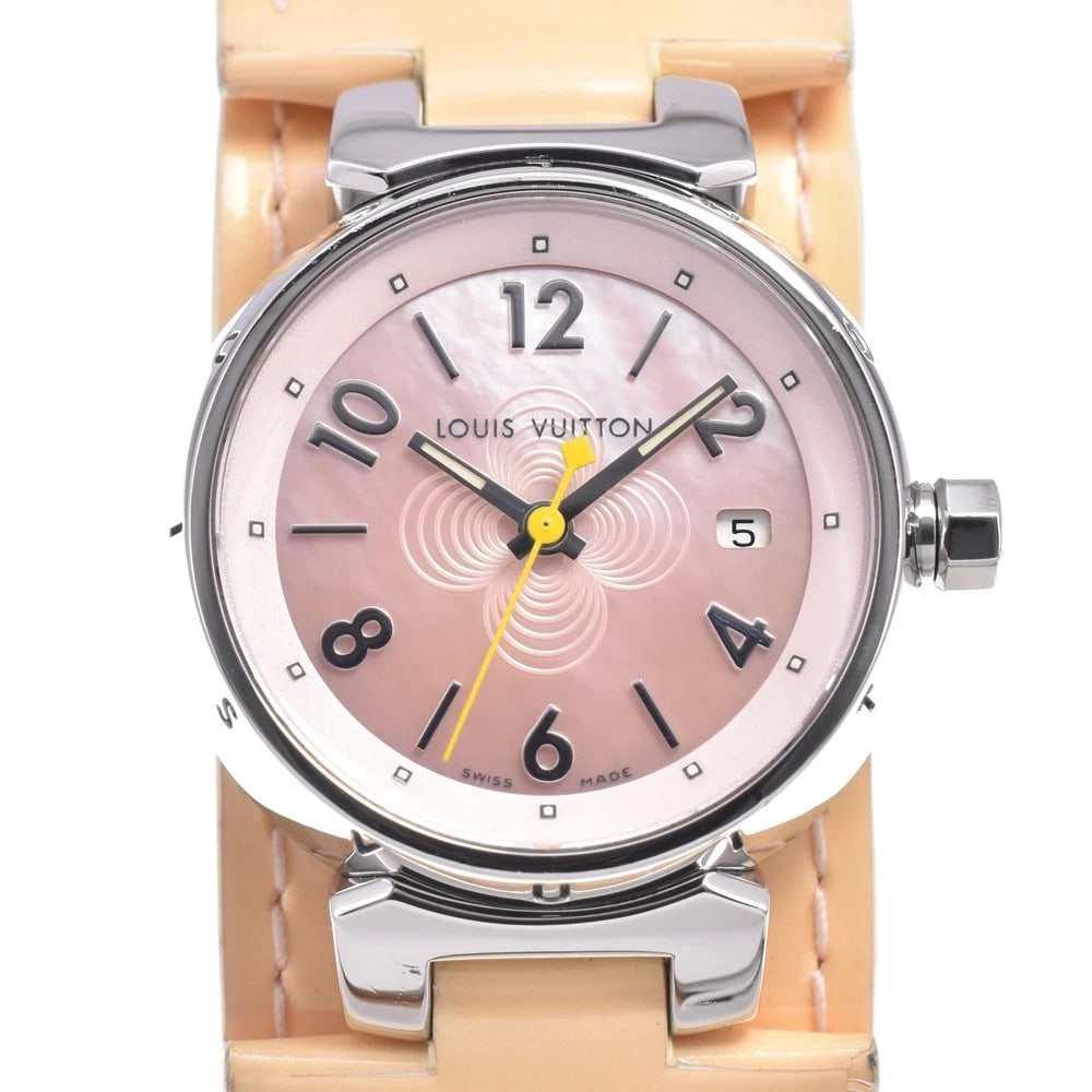 LOUIS VUITTON TAMBOUR PINK SHELL DIAL QUARTZ WATCH: Louis Vuitton Tambour Pink Shell Dial Quartz Watch Brand: LOUIS VUITTON Type/Style: Wristwatch Material: Band Material leather, Case Material Stainless Steel Color: Case Color Silver, Band Color