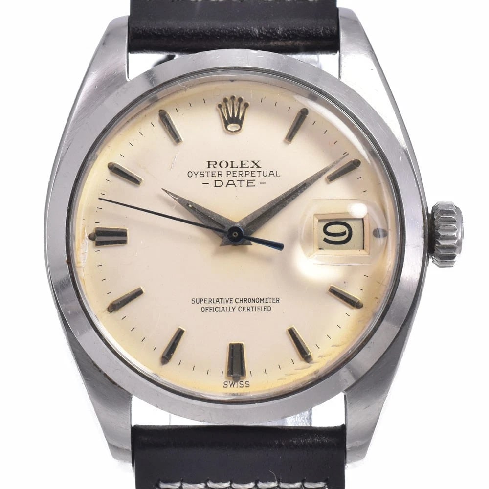 ROLEX OYSTER PERPETUAL DATE BUTTERFLY ROTOR WATCH: Rolex Oyster Perpetual Date Butterfly Rotor Watch Brand: ROLEX Type/Style: Wristwatch Material: Band Material leather, Case Material Stainless Steel Color: Case Color Silver, Band Color black, Dial