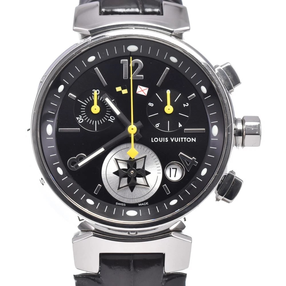 LOUIS VUITTON TAMBOUR LOVELY DATE QUARTZ WATCH: Louis Vuitton Tambour Lovely Date Quartz Watch Brand: LOUIS VUITTON Type/Style: Wristwatch Material: Band Material leather, Case Material Stainless Steel Color: Case Color Silver, Band Color black,