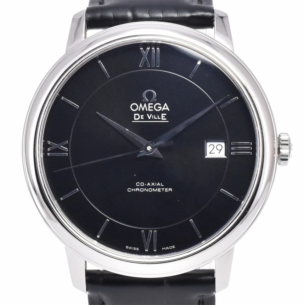 OMEGA DE VILLE PRESTIGE AUTOMATIC WATCH: Omega De Ville Prestige Automatic Watch Brand: OMEGA Type/Style: Wristwatch Material: Band Material leather, Case Material Stainless Steel Color: Case Color Silver, Band Color black, Dial Color black