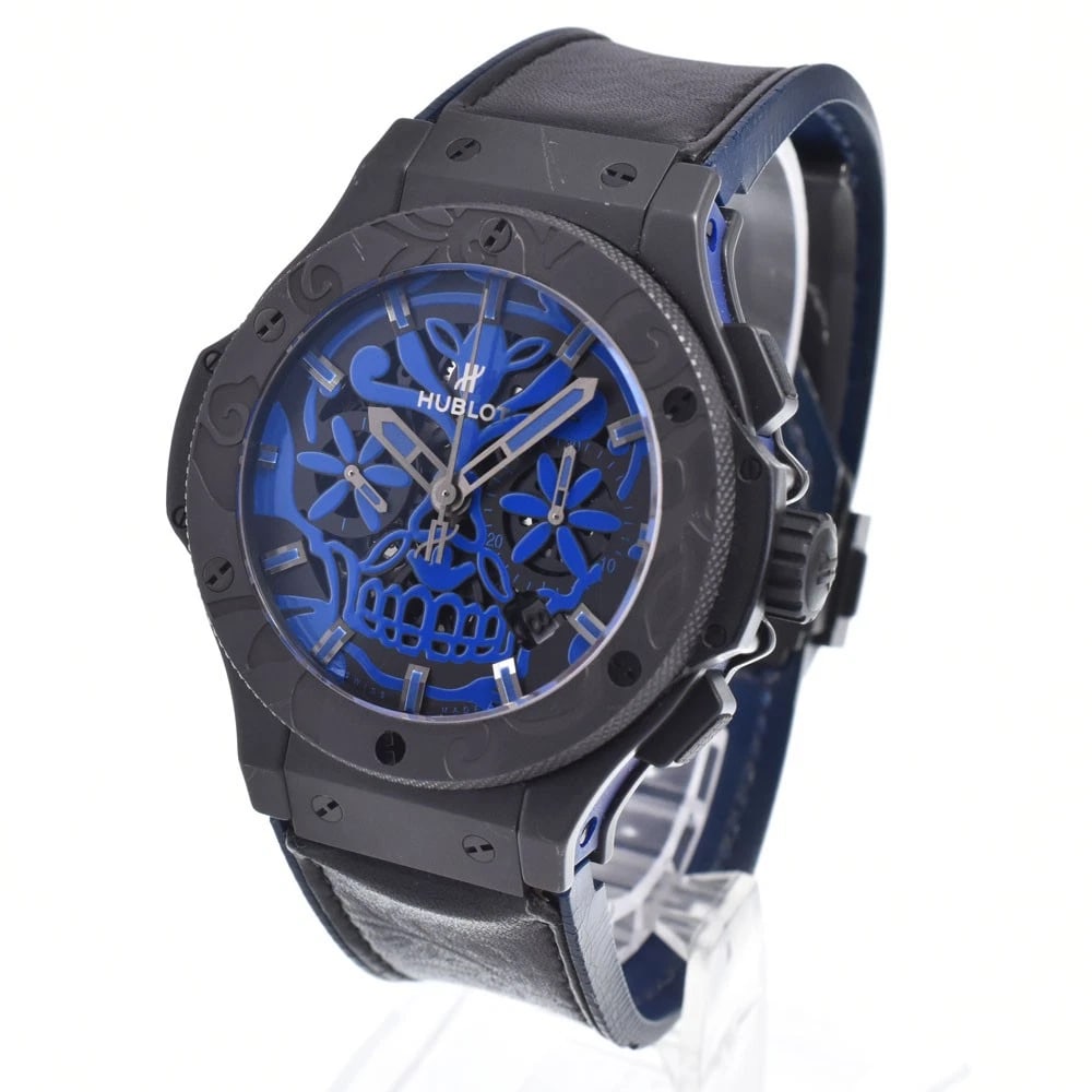 HUBLOT BIG BANG SUGAR SKULL WATCH: Hublot Big Bang Sugar Skull Watch Brand: HUBLOT Type/Style: Wristwatch Material: Band Material Leather / rubber, Case Material Stainless Steel / ceramic Color: Case Color Black / blue, Band Color