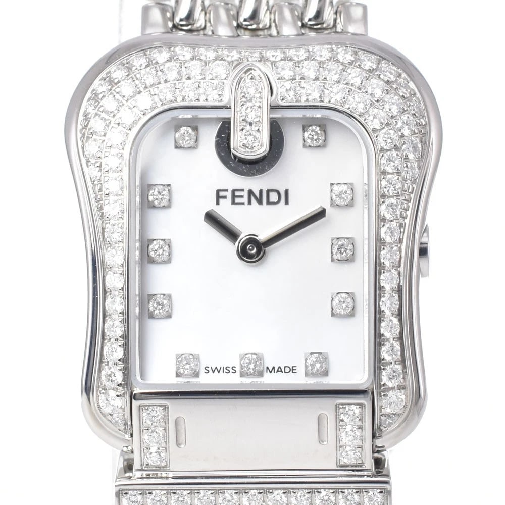 FENDI DIAMOND WHITE SHELL DIAL QUARTZ WATCH: Fendi Diamond White Shell Dial Quartz Watch Brand: FENDI Type/Style: Wristwatch Material: Band Material Stainless Steel, Case Material Stainless Steel Color: Case Color Silver, Band Color Silver,