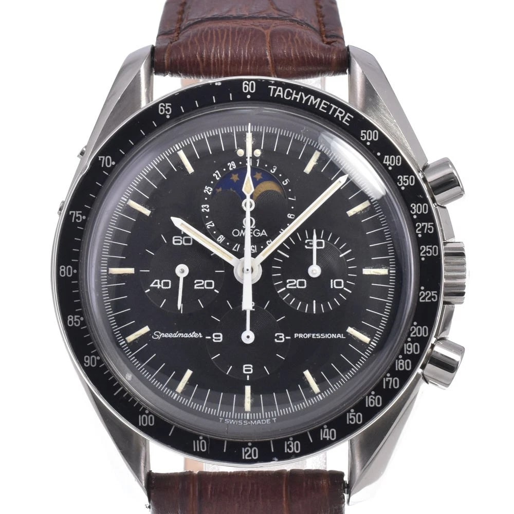 OMEGA SPEEDMASTER MOON PHASE HAND WINDING WATCH: Omega Speedmaster Moon Phase Hand Winding Watch Brand: OMEGA Type/Style: Wristwatch Material: Band Material leather, Case Material Stainless Steel Color: Case Color Silver, Band Color Brown, Dial