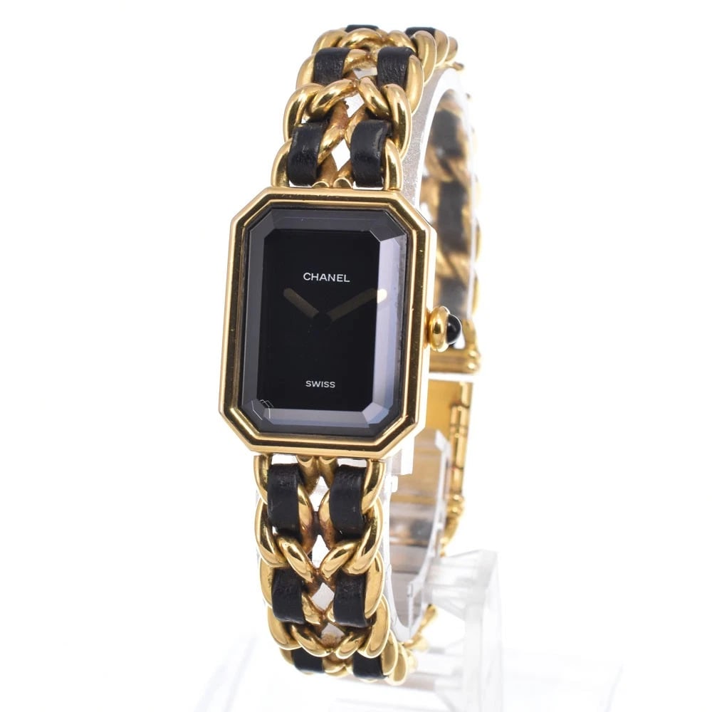 CHANEL PREMIERE BLACK DIAL QUARTZ WATCH: Chanel Premiere Black Dial Quartz Watch Brand: CHANEL Type/Style: Wristwatch Material: Band Material Gold Plated / Leather, Case Material Gold Plated Color: Case Color gold, Band Color Black / gold,