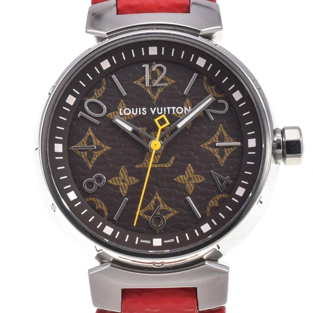 LOUIS VUITTON TAMBOUR MONOGRAM BROWN DIAL QUARTZ WATCH: Louis Vuitton Tambour Monogram Brown Dial Quartz Watch Brand: LOUIS VUITTON Type/Style: Wristwatch Material: Band Material leather, Case Material Stainless Steel Color: Case Color Silver, Band Color