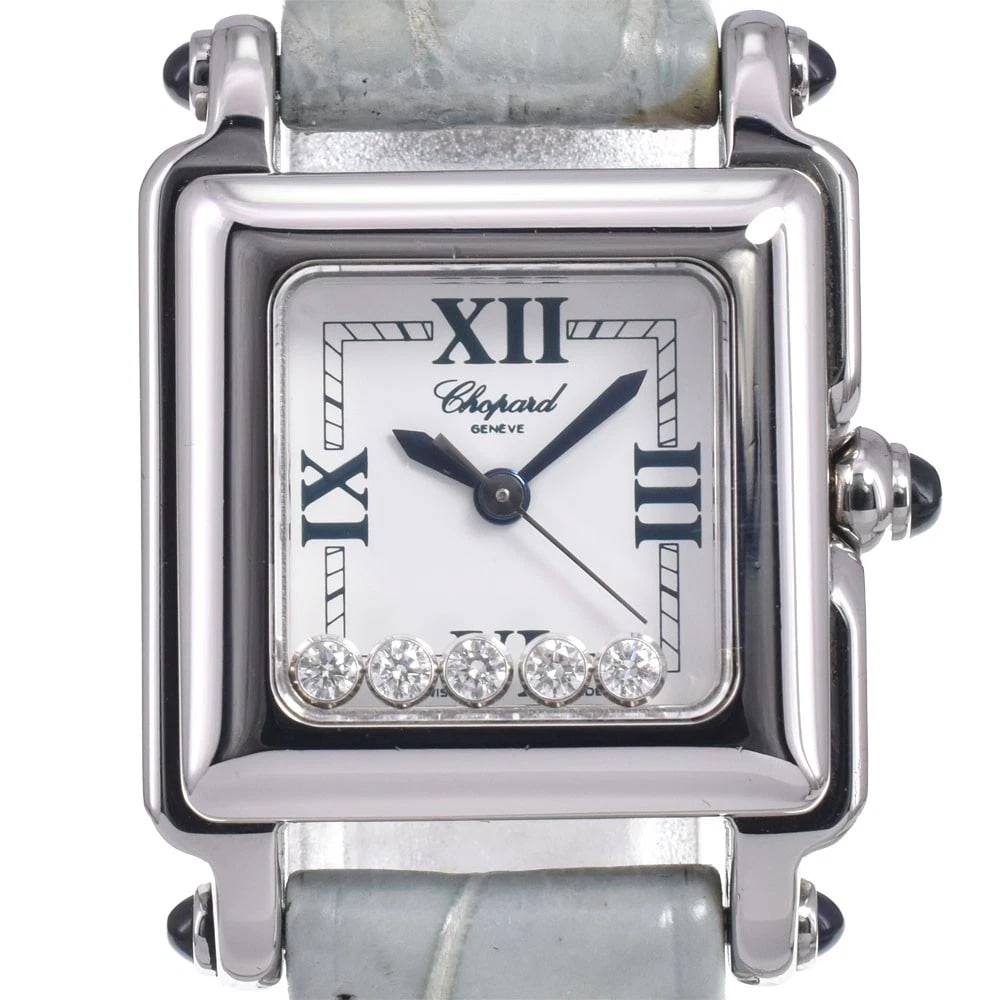 CHOPARD HAPPY DIAMOND QUARTZ WATCH: Chopard Happy Diamond Quartz Watch Brand: Chopard Type/Style: Wristwatch Material: Band Material leather, Case Material Stainless Steel Color: Case Color Silver, Band Color Light blue, Dial Color whit