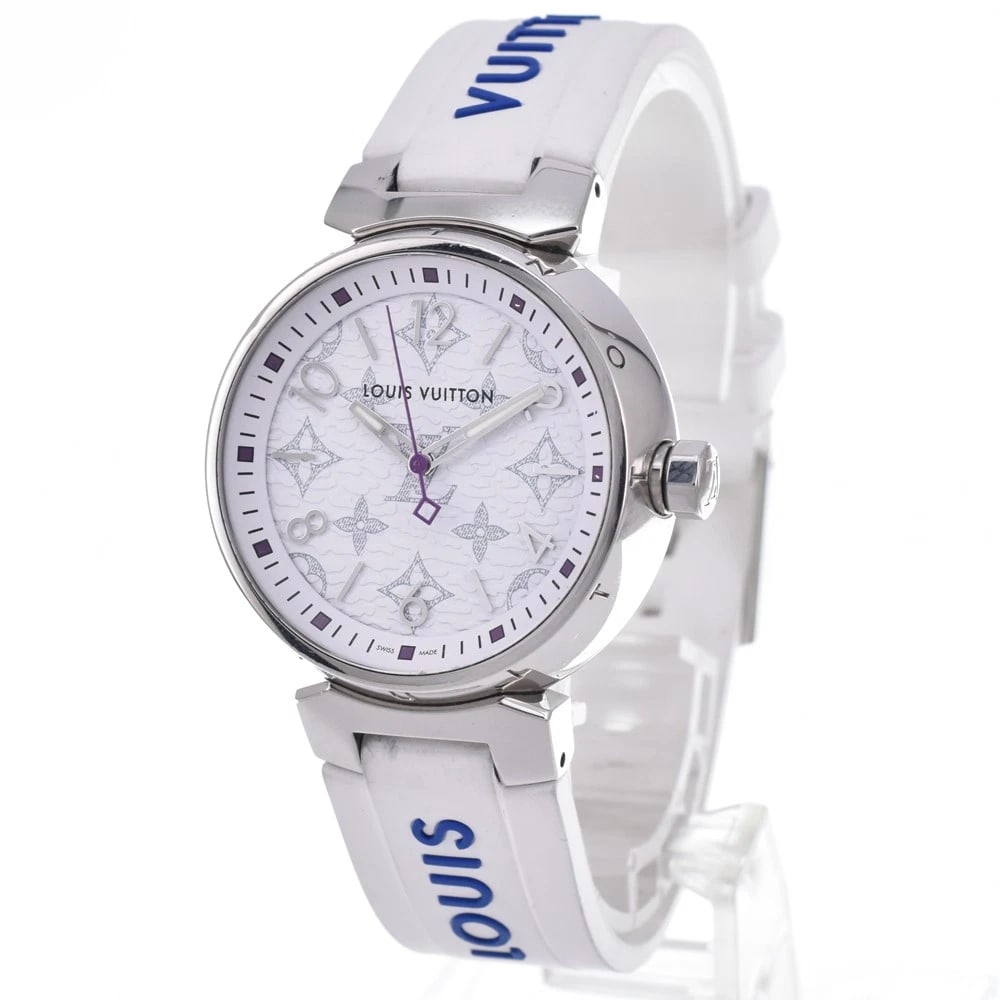 LOUIS VUITTON TAMBOUR 6 MONOGRAM WHITE DIAL QUARTZ WATCH: Louis Vuitton Tambour 6 Monogram White Dial Quartz Watch Brand: LOUIS VUITTON Type/Style: Wristwatch Material: Band Material rubber, Case Material Stainless Steel Color: Case Color Silver, Band Color 