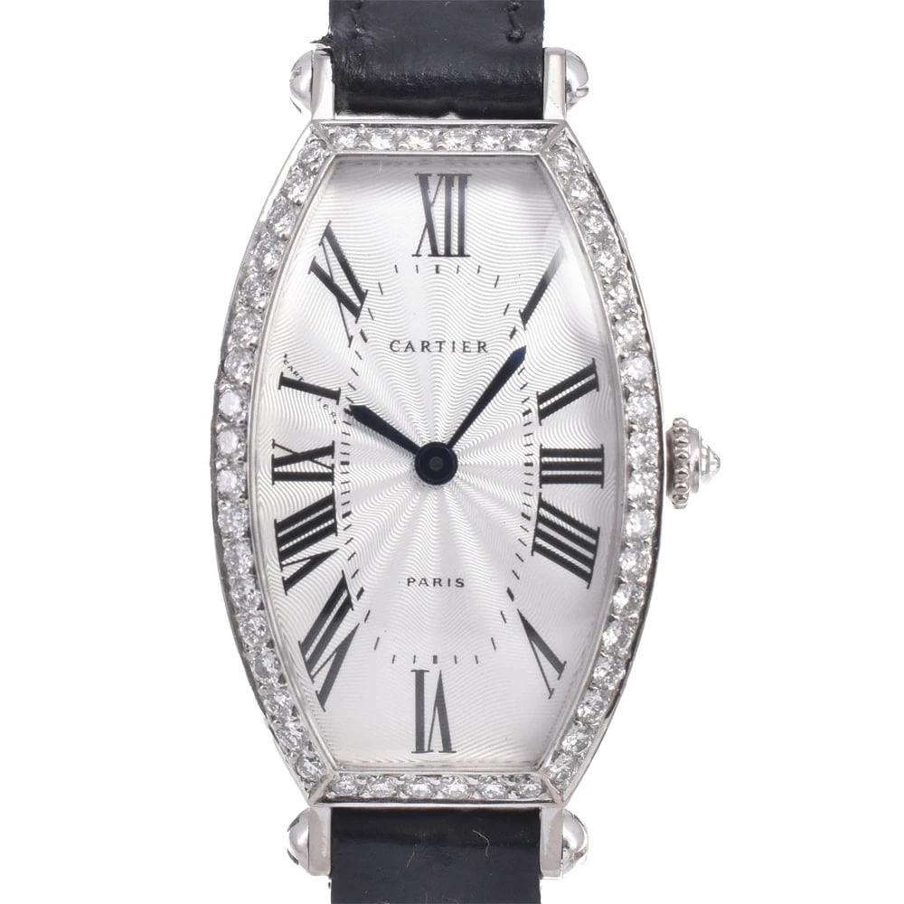 CARTIER CARTIER TONNEAU DIAMOND BEZEL WATCH: Cartier Cartier Tonneau Diamond Bezel Watch Brand: CARTIER Type/Style: Wristwatch Material: Band Material leather, Case Material K18WG Color: Case Color White gold, Band Color black, Dial Color Silver
