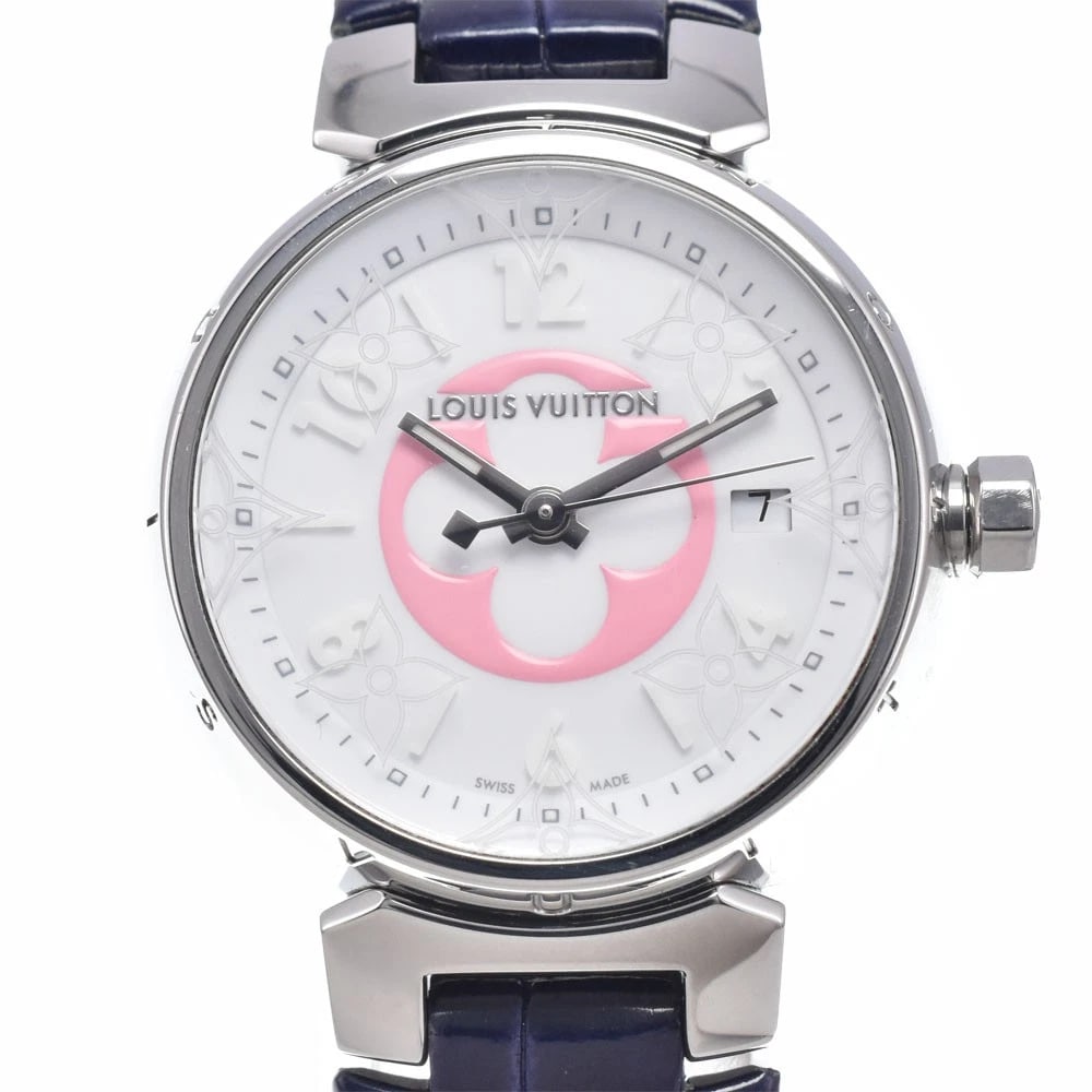 LOUIS VUITTON TAMBOUR DAMIER AZUR QUARTZ WATCH: Louis Vuitton Tambour Damier Azur Quartz Watch Brand: LOUIS VUITTON Type/Style: Wristwatch Material: Band Material leather, Case Material Stainless Steel Color: Case Color Silver, Band Color black,