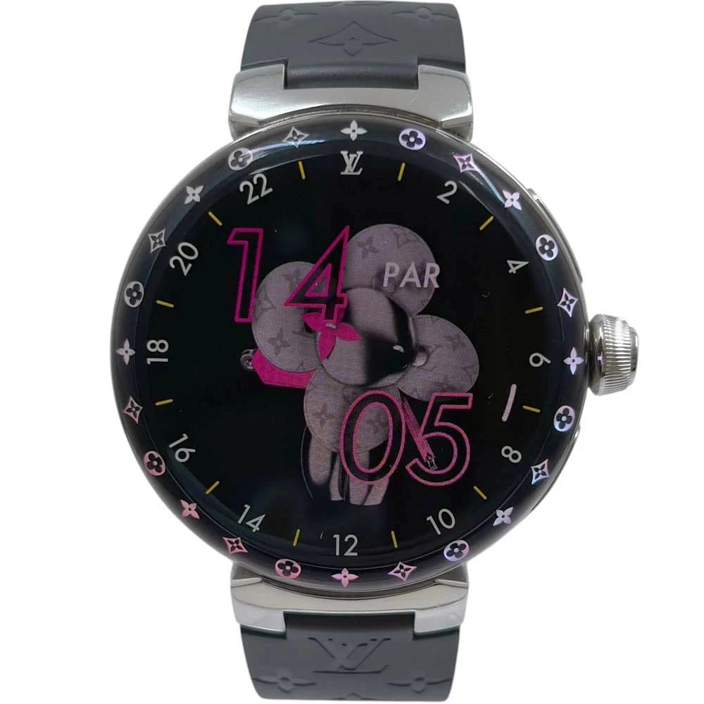 LOUIS VUITTON TAMBOUR BLACK WATCH: Louis Vuitton Tambour Black Watch Brand: LOUIS VUITTON Type/Style: Wristwatch Material: Case Material N/A Band Material N/A Color: Dial Color Black Size: Wrist Size 17.5cm Case Size 44mm Accessories: