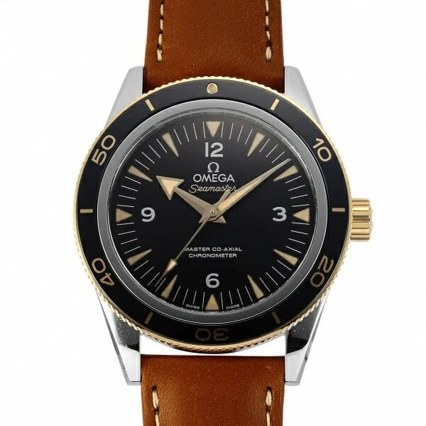 OMEGA SEAMASTER BLACK WATCH: Omega Seamaster Black Watch Brand: OMEGA Type/Style: Wristwatch Material: Case Material Steel ? yellow gold Band Material Leather Color: Dial Color Case Color Black Band Color Brown Dial Color Black S