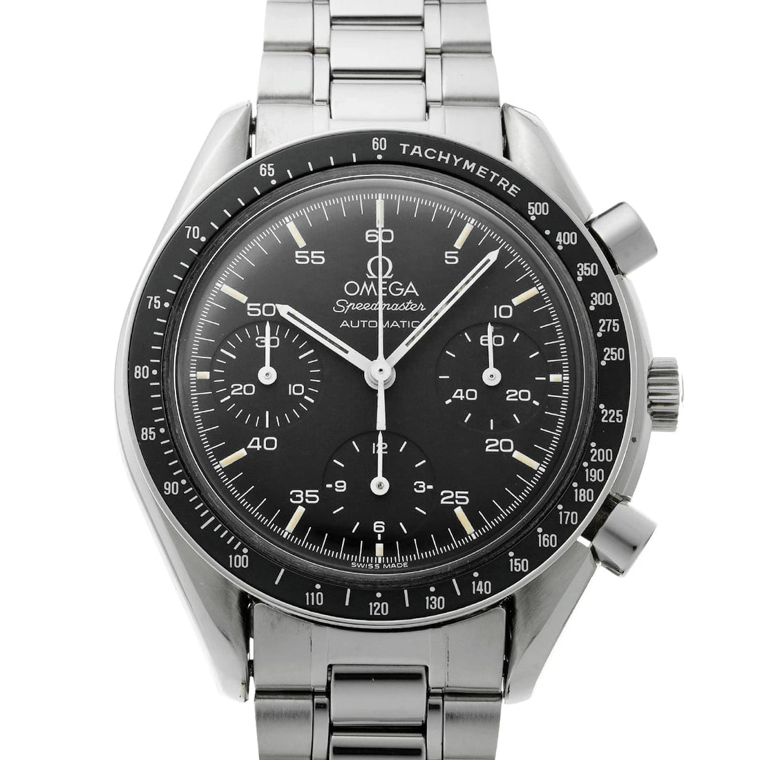 OMEGA SPEEDMASTER AUTOMATIC BLACK WATCH: Omega Speedmaster Automatic Black Watch Brand: OMEGA Type/Style: Wristwatch Material: Band Material Stainless Case Material Plastic Color: Dial Color Black Size: Wrist Size 19.5cm Case Size 39 x 39 mm