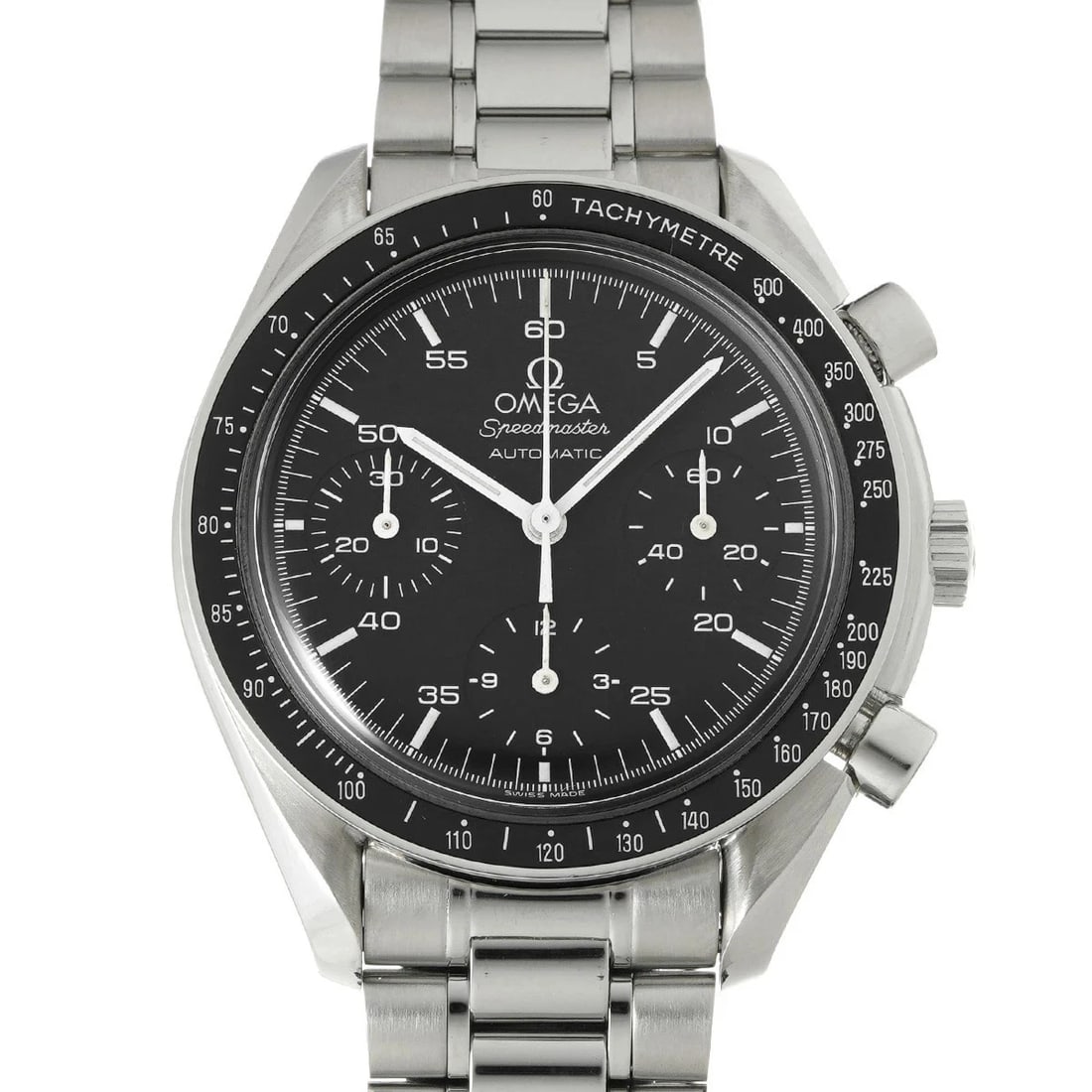 OMEGA SPEEDMASTER AUTOMATIC BLACK WATCH: Omega Speedmaster Automatic Black Watch Brand: OMEGA Type/Style: Wristwatch Material: Band Material Stainless Case Material Plastic Color: Dial Color Black Size: Wrist Size 18cm Case Size 39 x 39 mm