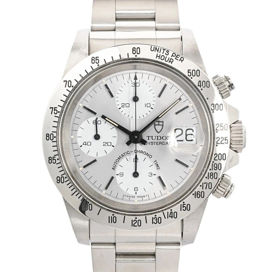 TUDOR CHRONOTIME SILVER WATCH: Tudor Chronotime Silver Watch Brand: TUDOR Type/Style: Wristwatch Material: Case Material N/A Band Material Stainless Steel Color: Dial Color Silver Size: Wrist Size 18.5cm Case Size 40mm