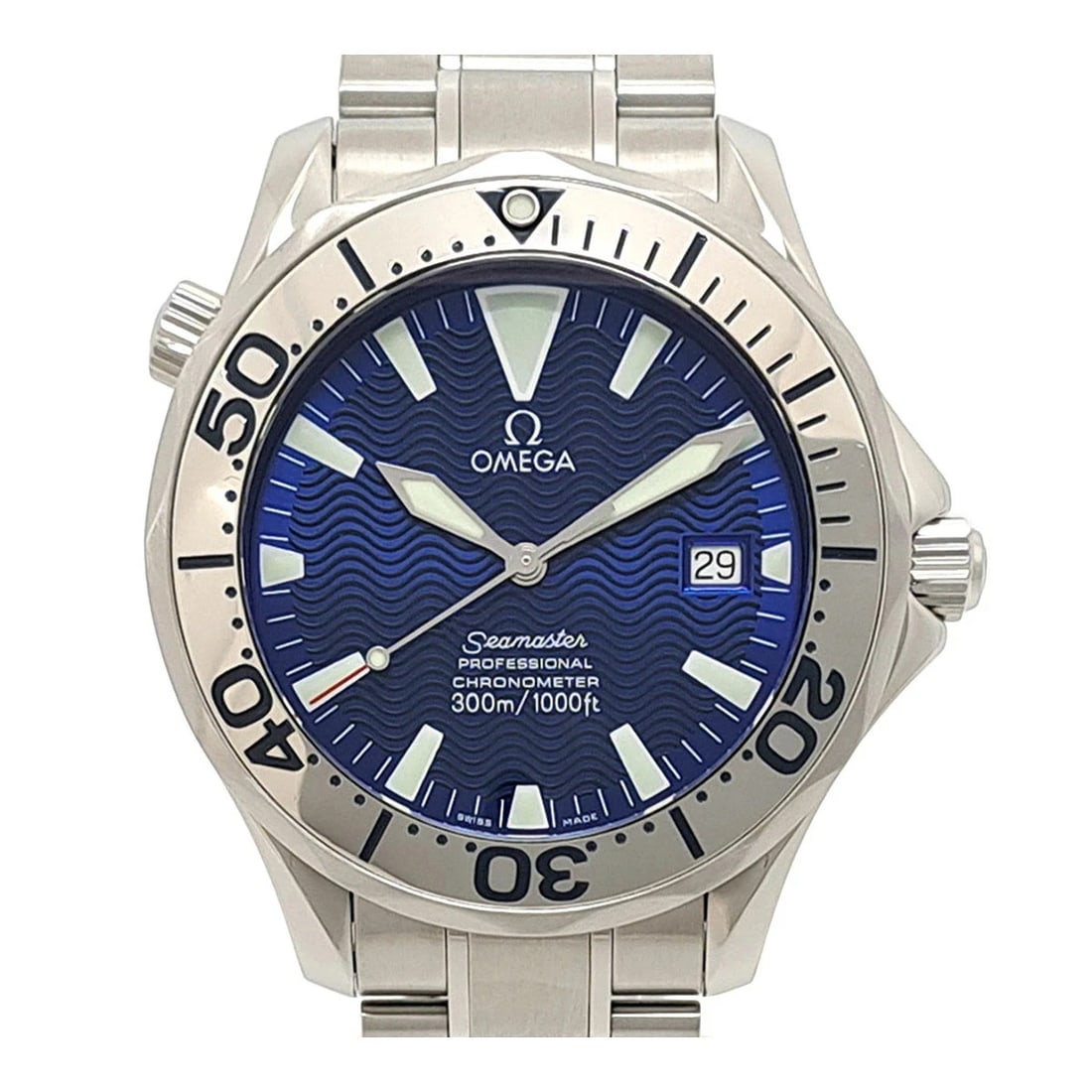 OMEGA BLUE WATCH: Omega Blue Watch Brand: OMEGA Type/Style: Wristwatch Material: Case Material N/A Band Material Stainless Steel Color: Dial Color Blue Size: Wrist Size 17.5cm Case Size 41mm Accessories: None <