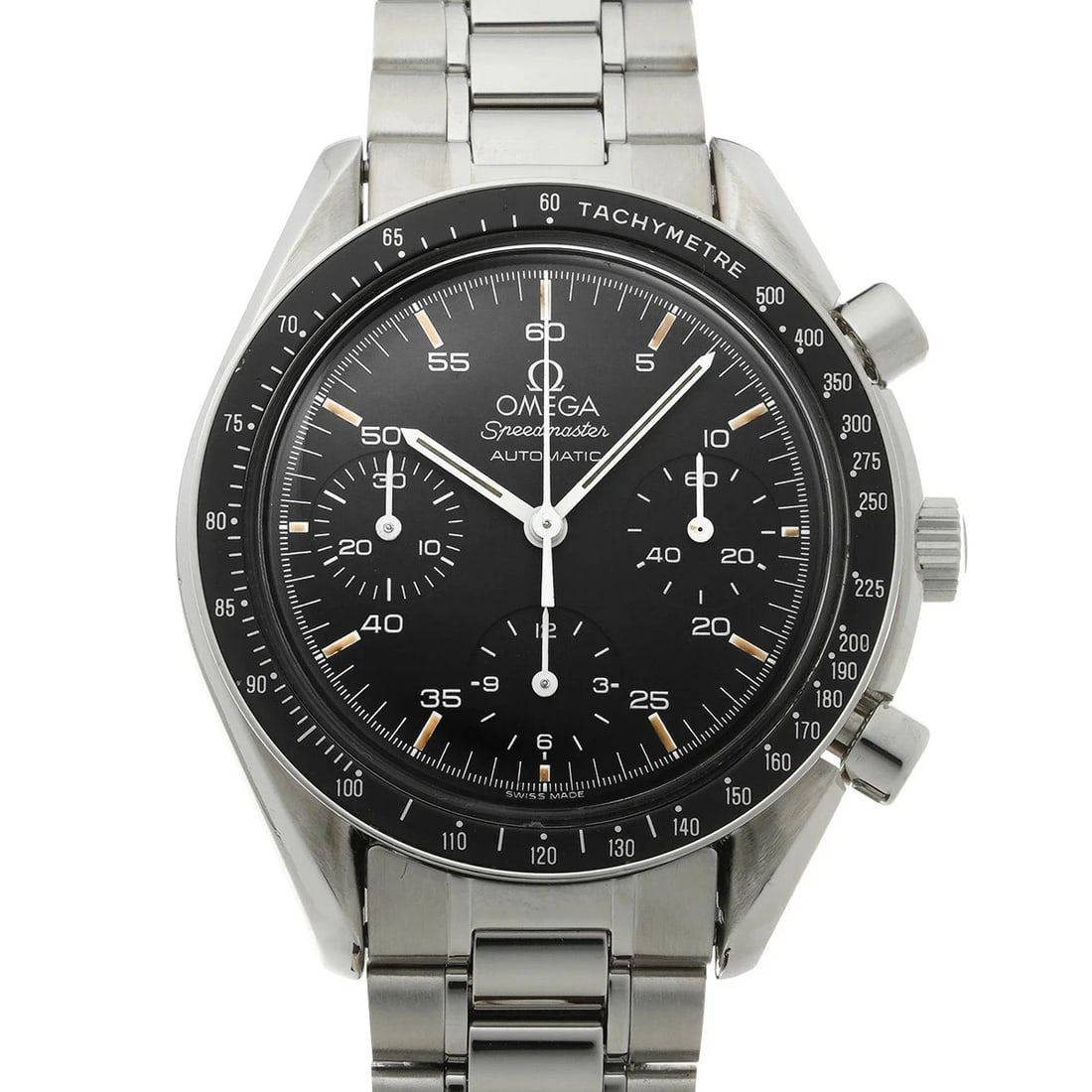 OMEGA SPEEDMASTER AUTOMATIC BLACK WATCH: Omega Speedmaster Automatic Black Watch Brand: OMEGA Type/Style: Wristwatch Material: Band Material Stainless Case Material Plastic Color: Dial Color Black Size: Wrist Size 18cm Case Size 39 x 39 mm