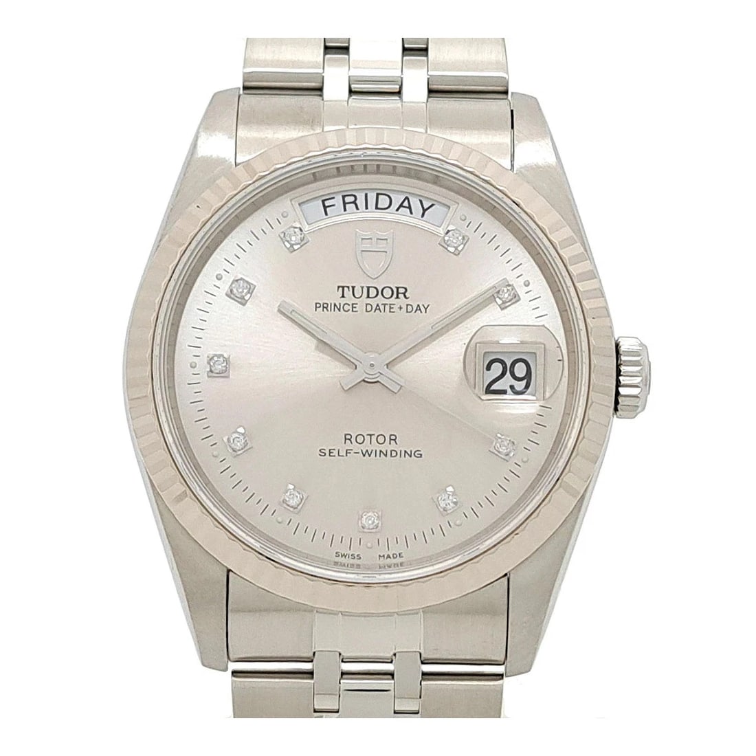 TUDOR SILVER WATCH: Tudor Silver Watch Brand: TUDOR Type/Style: Wristwatch Material: Band Material Stainless Steel White Gold Case Material N/A Color: Dial Color Silver Size: Wrist Size 18cm Case Size 36mm Accessories: