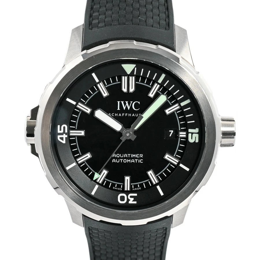 IWC AQUATIMER AUTOMATIC BLACK WATCH: Iwc Aquatimer Automatic Black Watch Brand: IWC Type/Style: Wristwatch Material: Band Material Stainless Steel/Rubber Strap Case Material N/A Color: Dial Color Black Size: Case Size 42mm Accessories: