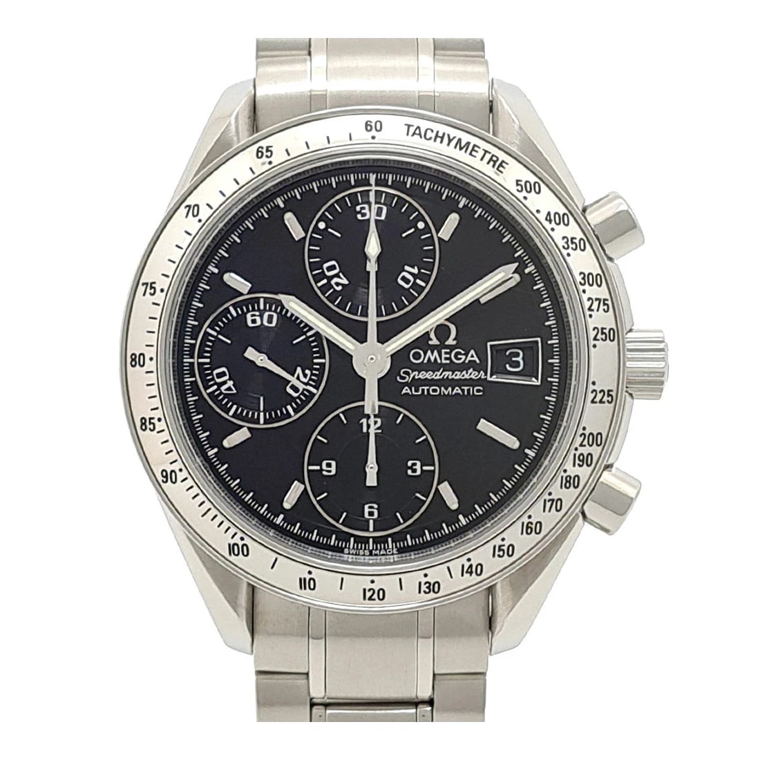 OMEGA BLACK WATCH: Omega Black Watch Brand: OMEGA Type/Style: Wristwatch Material: Case Material N/A Band Material Stainless Steel Color: Dial Color Black Size: Wrist Size 20.5cm Case Size 39mm Accessories: None