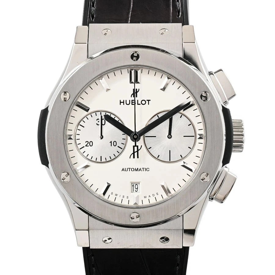 HUBLOT CLASSIC FUSION CHRONOGRAPH WATCH: Hublot Classic Fusion Chronograph Watch Brand: HUBLOT Type/Style: Wristwatch Material: Band Material Stainless Steel/Leather Belt Case Material N/A Color: Dial Color Silver Size: Case Size 45mm (actua
