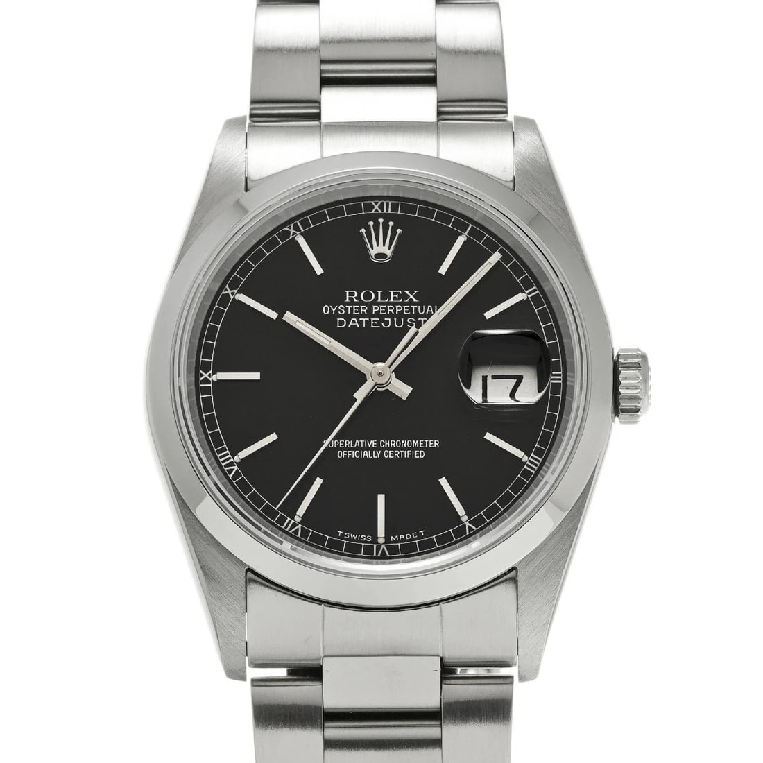 ROLEX DATEJUST BLACK WATCH: Rolex Datejust Black Watch Brand: ROLEX Type/Style: Wristwatch Material: Band Material Stainless Case Material Sapphire Crystal Color: Dial Color Black Size: Wrist Size 19cm Case Size 36 x 36 mm A