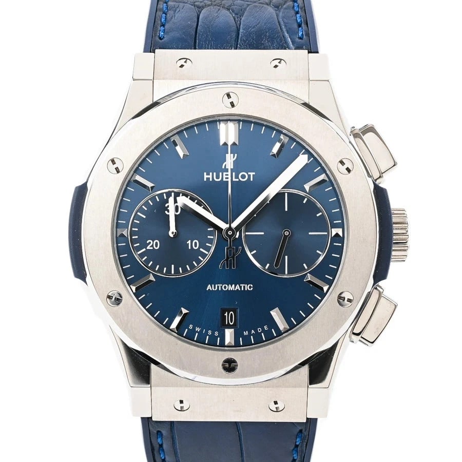HUBLOT CLASSIC FUSION CHRONOGRAPH BLUE WATCH: Hublot Classic Fusion Chronograph Blue Watch Brand: HUBLOT Type/Style: Wristwatch Material: Band Material Titanium/Leather Strap Case Material N/A Color: Dial Color Blue Size: Case Size 45mm Acces