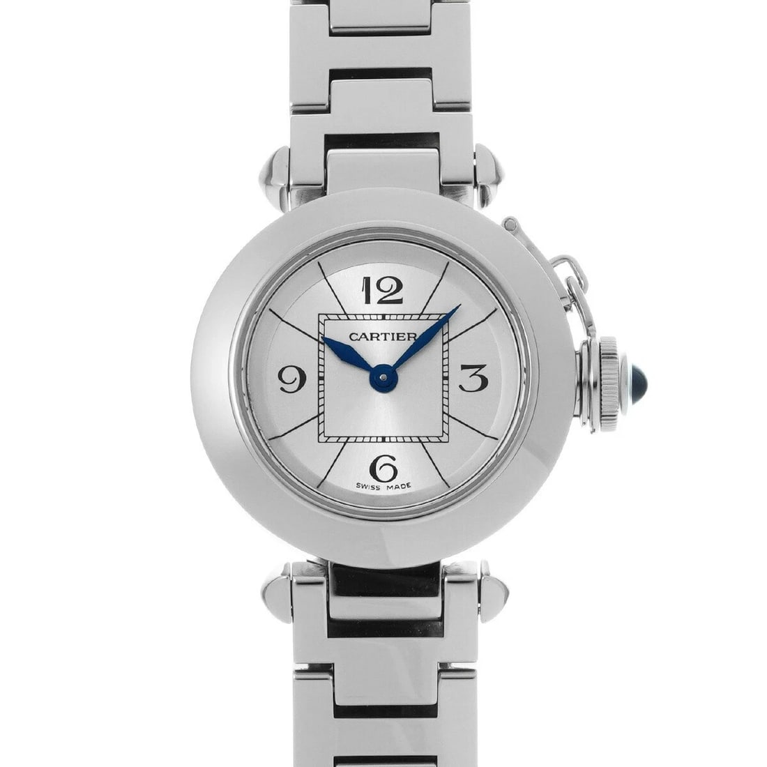CARTIER MISS PASHA SILVER WATCH: Cartier Miss Pasha Silver Watch Brand: CARTIER Type/Style: Wristwatch Material: Band Material Stainless Case Material Sapphire Crystal Color: Dial Color Silver Size: Case Size 27x27mm Accessories:
