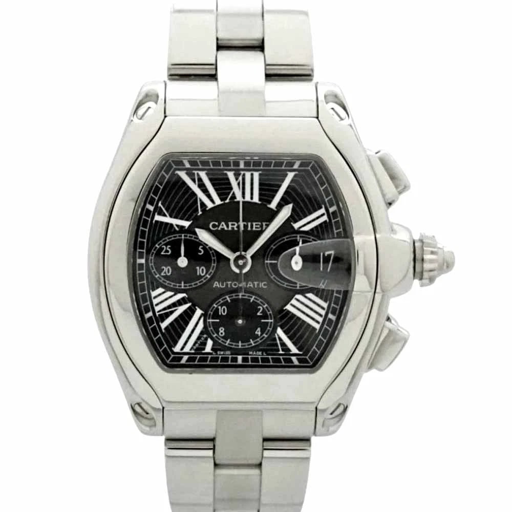 CARTIER ROADSTER CHRONOGRAPH SILVER WATCH: Cartier Roadster Chronograph Silver Watch Brand: CARTIER Type/Style: Wristwatch Material: Case Material N/A Band Material N/A Color: Dial Color BLACK Size: Wrist Size 19.0cm Case Size 43.0mm Acces