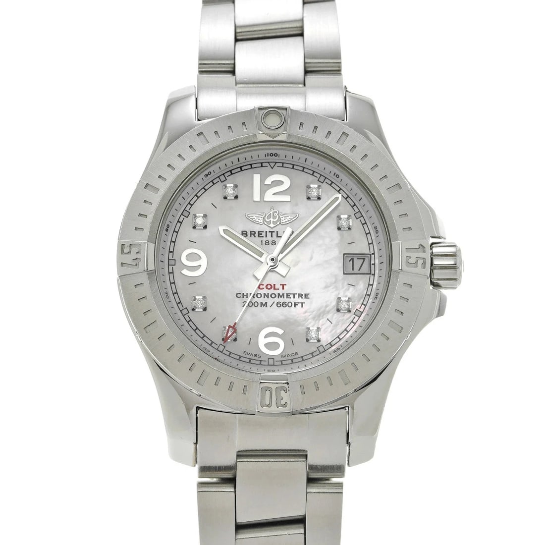 BREITLING WHITE WATCH: Breitling White Watch Brand: BREITLING Type/Style: Wristwatch Material: Band Material Stainless Case Material Sapphire Crystal Color: Dial Color Size: Wrist Size 16.5cm Case Size 33 x 33 mm