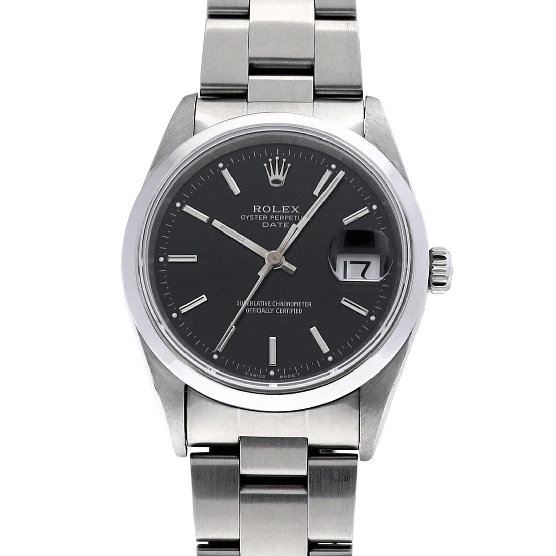 ROLEX OYSTER PERPETUAL DATE BLACK WATCH: Rolex Oyster Perpetual Date Black Watch Brand: ROLEX Type/Style: Wristwatch Material: Band Material Stainless Case Material Sapphire Crystal Color: Dial Color Black Size: Wrist Size 19.5cm Case Size 3
