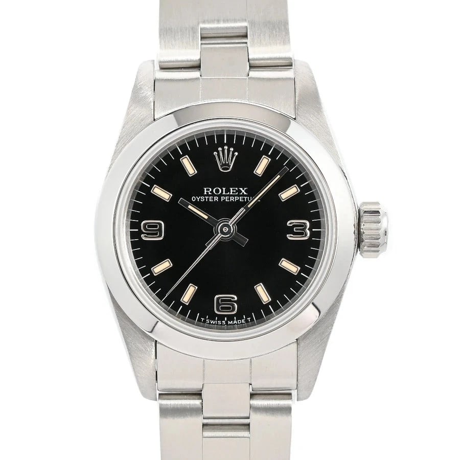 ROLEX OYSTER PERPETUAL BLACK WATCH: Rolex Oyster Perpetual Black Watch Brand: ROLEX Type/Style: Wristwatch Material: Case Material N/A Band Material Stainless Steel Color: Dial Color Black Size: Wrist Size 16.5cm Case Size 24mm