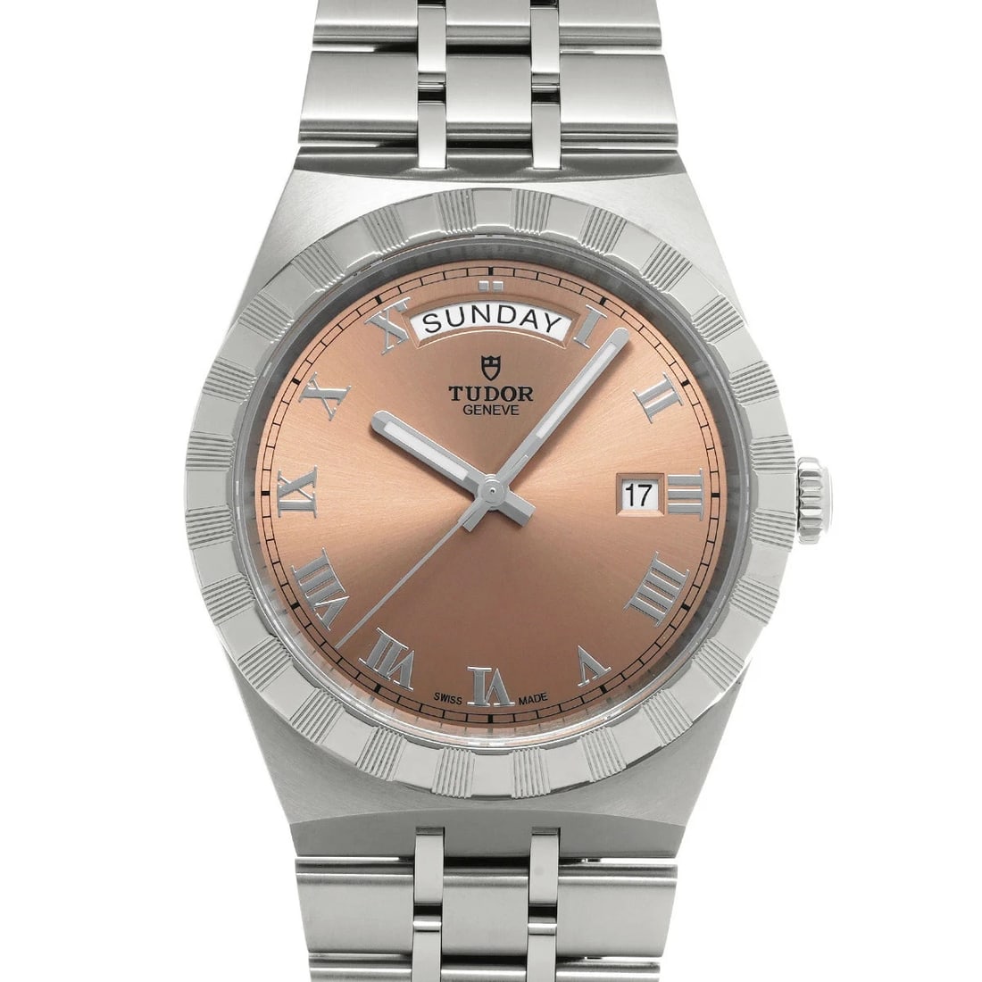 TUDOR ROYAL PINK WATCH: Tudor Royal Pink Watch Brand: TUDOR Type/Style: Wristwatch Material: Band Material Stainless Case Material Sapphire Crystal Color: Dial Color Pink Size: Wrist Size 19.5cm Case Size 41 x 41 mm