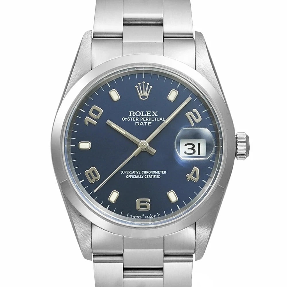 ROLEX OYSTER PERPETUAL BLUE WATCH: Rolex Oyster Perpetual Blue Watch Brand: ROLEX Type/Style: Wristwatch Material: Case Material N/A Band Material Stainless Steel Color: Dial Color Blue Size: Case Size 34mm x 34mm Accessories: None