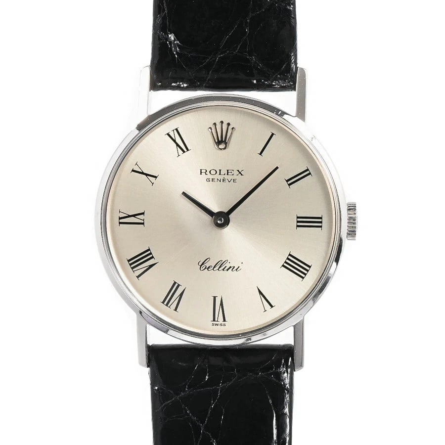 ROLEX SILVER WATCH: Rolex Silver Watch Brand: ROLEX Type/Style: Wristwatch Material: Band Material White Gold/Leather Strap Case Material N/A Color: Dial Color Silver Size: Case Size 24mm (actual size) Accessories: None